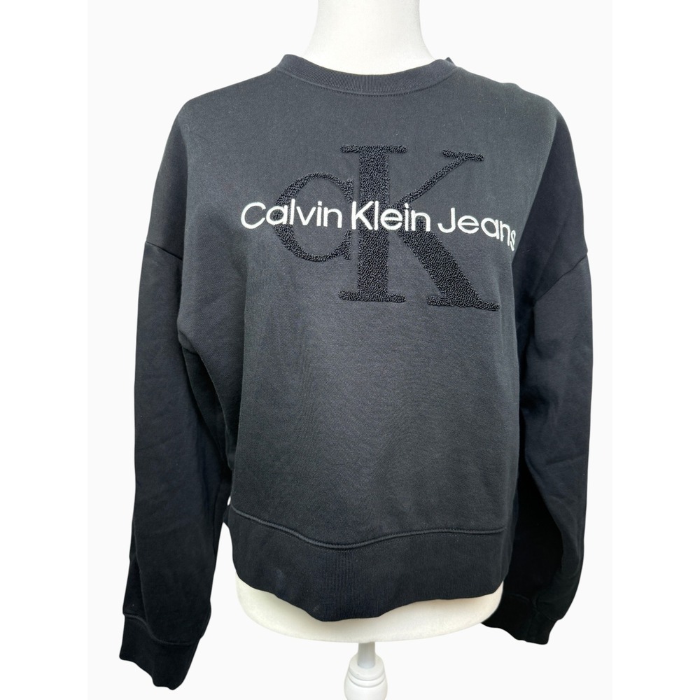 Calvin Klein Jeans Women's M Black Embroidered CK Logo Crewneck Sweatshirt NWOT